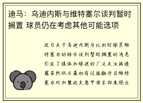 迪马：乌迪内斯与维特塞尔谈判暂时搁置 球员仍在考虑其他可能选项