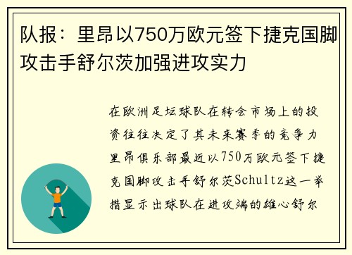 队报：里昂以750万欧元签下捷克国脚攻击手舒尔茨加强进攻实力