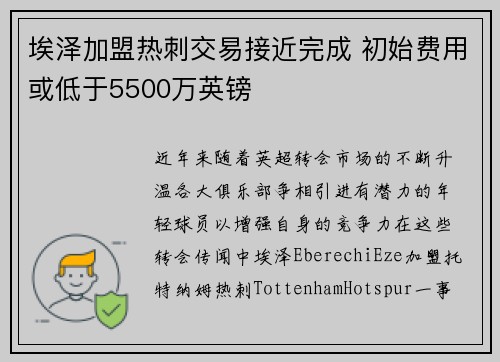 埃泽加盟热刺交易接近完成 初始费用或低于5500万英镑
