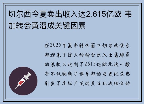 切尔西今夏卖出收入达2.615亿欧 韦加转会黄潜成关键因素